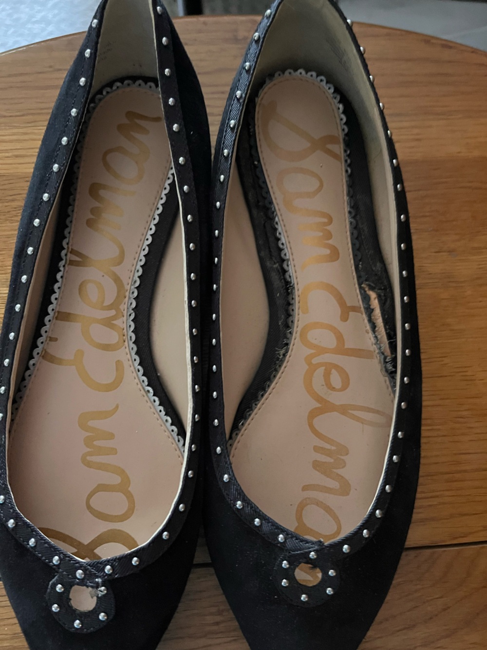 Sam Edelman Black Suede Studded Ballet Flats with Metal Accent